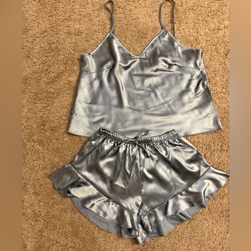 Satin Sleepwear Tank Short Women Medium Blue Pajama Top Bottom Ruffle Satin Set